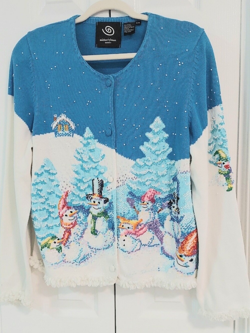 Michael Simon Sweater, Size M, Snowy Holiday Theme, Blue & White